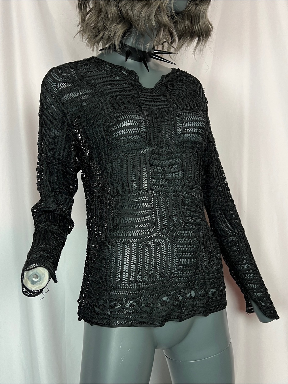 Black Mesh Silky Patterned Long Sleeve Shirt